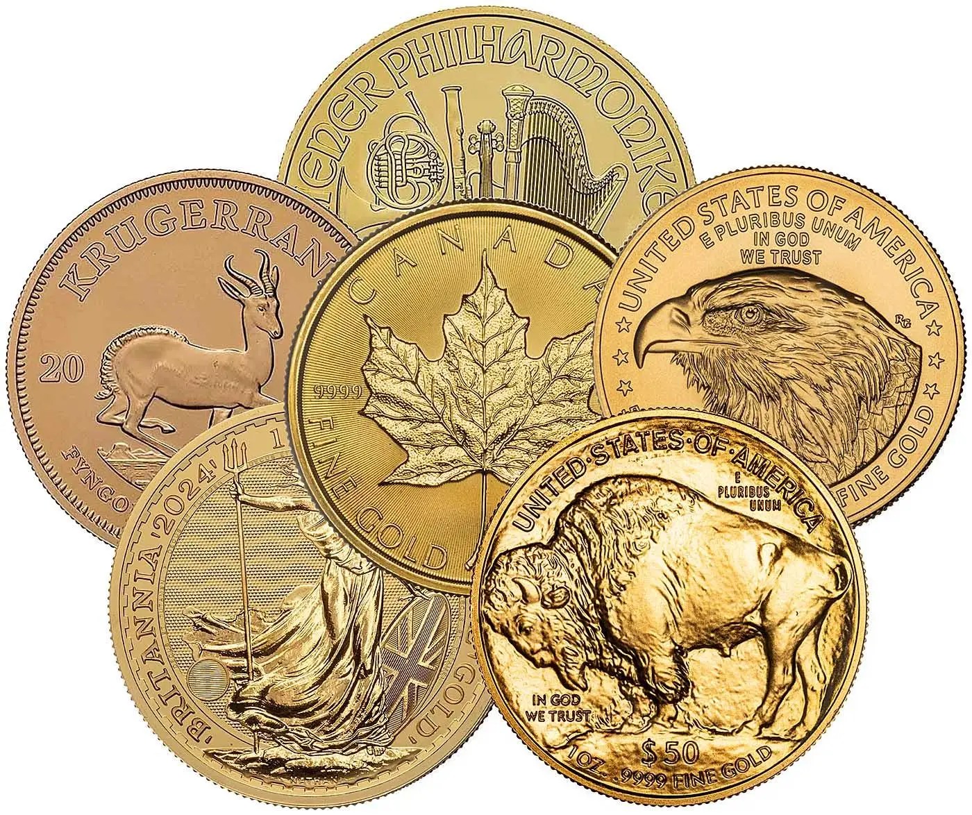 Gold bullion coins from various mints