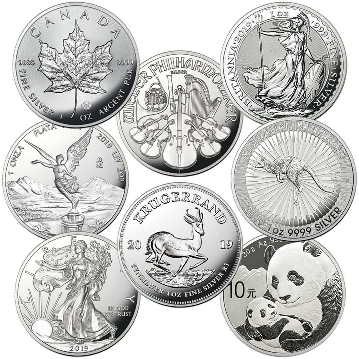 Assorted silver bullion coins